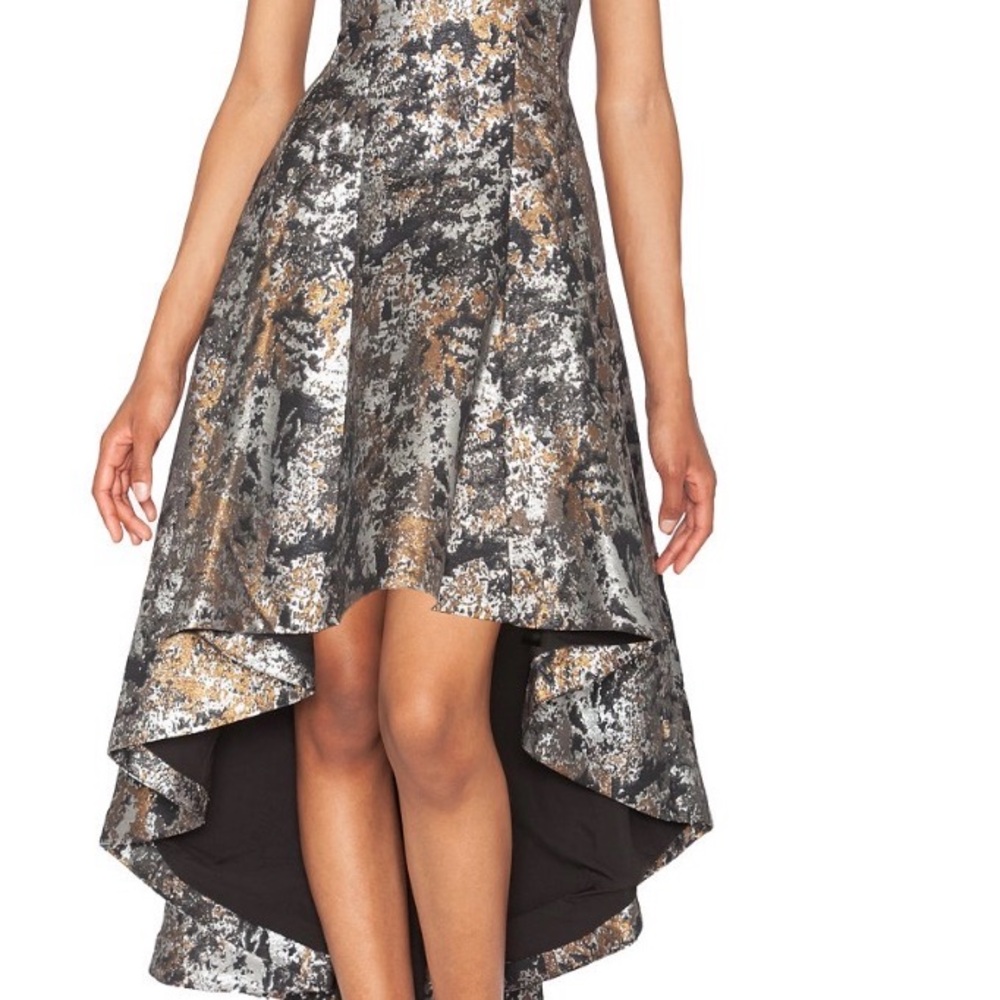 High-Low Metallic Abstract Party Dress in Silver & Gold